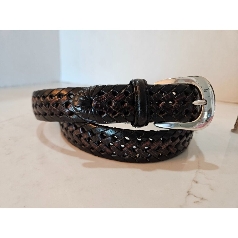 Brighton Berma Mens Sz 36 Black Hand Woven Leather‎ Belt With Silver-Tone Buckle